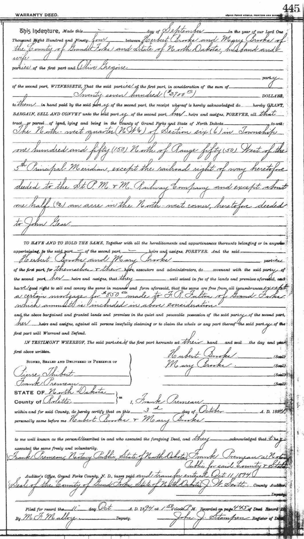 Deed Transfering Walle Property from Hubert Brooks to Olive Gregoire